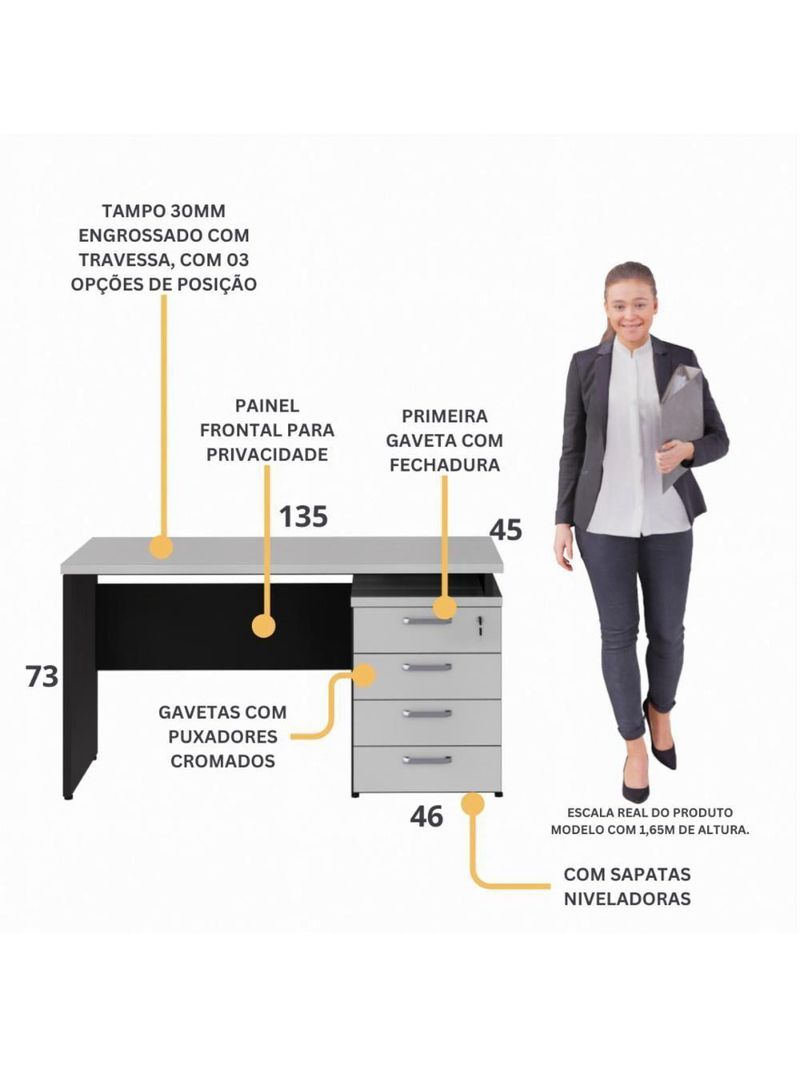 Escrivaninha Mesa Escritório 135cm 4 Gavetas Multimóveis Cr25314 Cinza Preto
