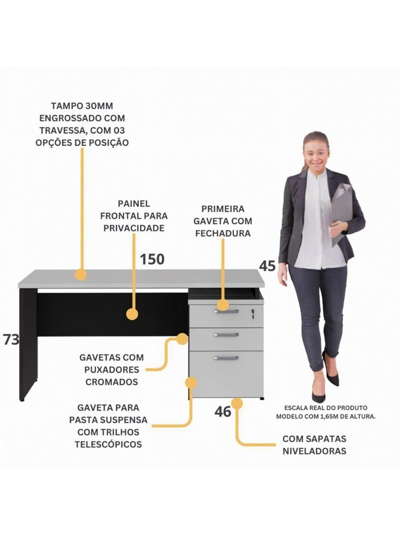 Escrivaninha Mesa Escritório 150cm 3 Gavetas Multimóveis Cr25316 Cinza Preto