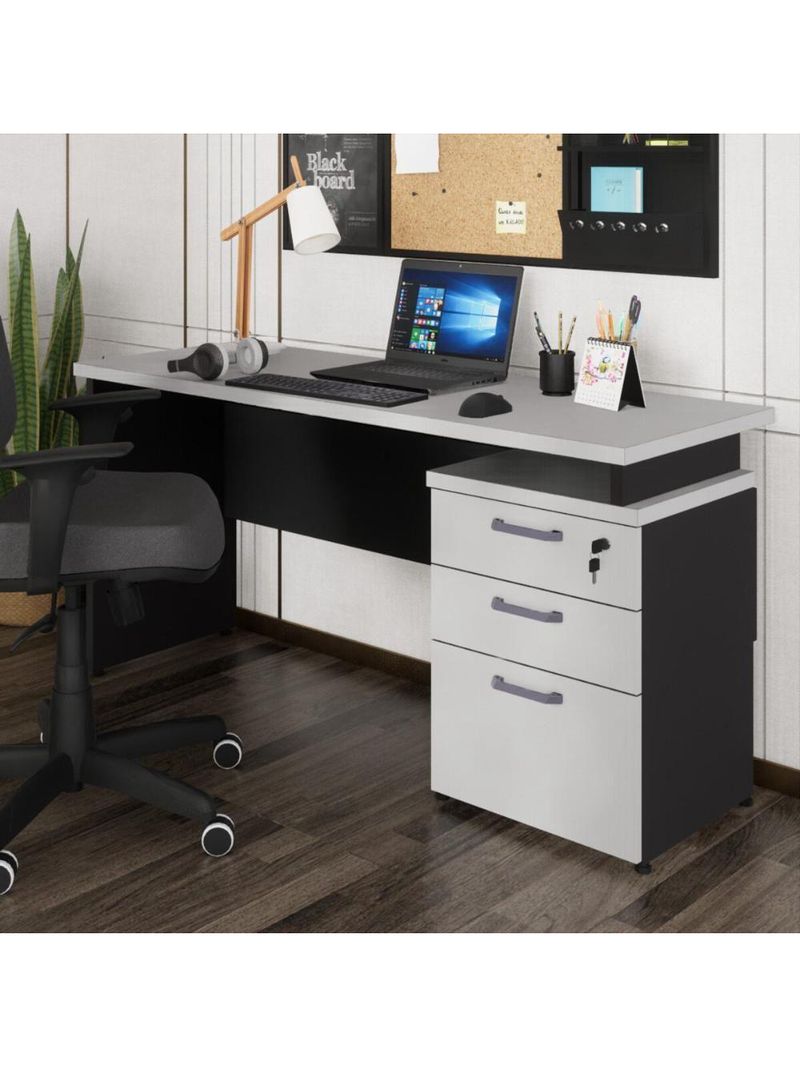 Escrivaninha Mesa Escritório 150cm 3 Gavetas Multimóveis Cr25316 Cinza Preto