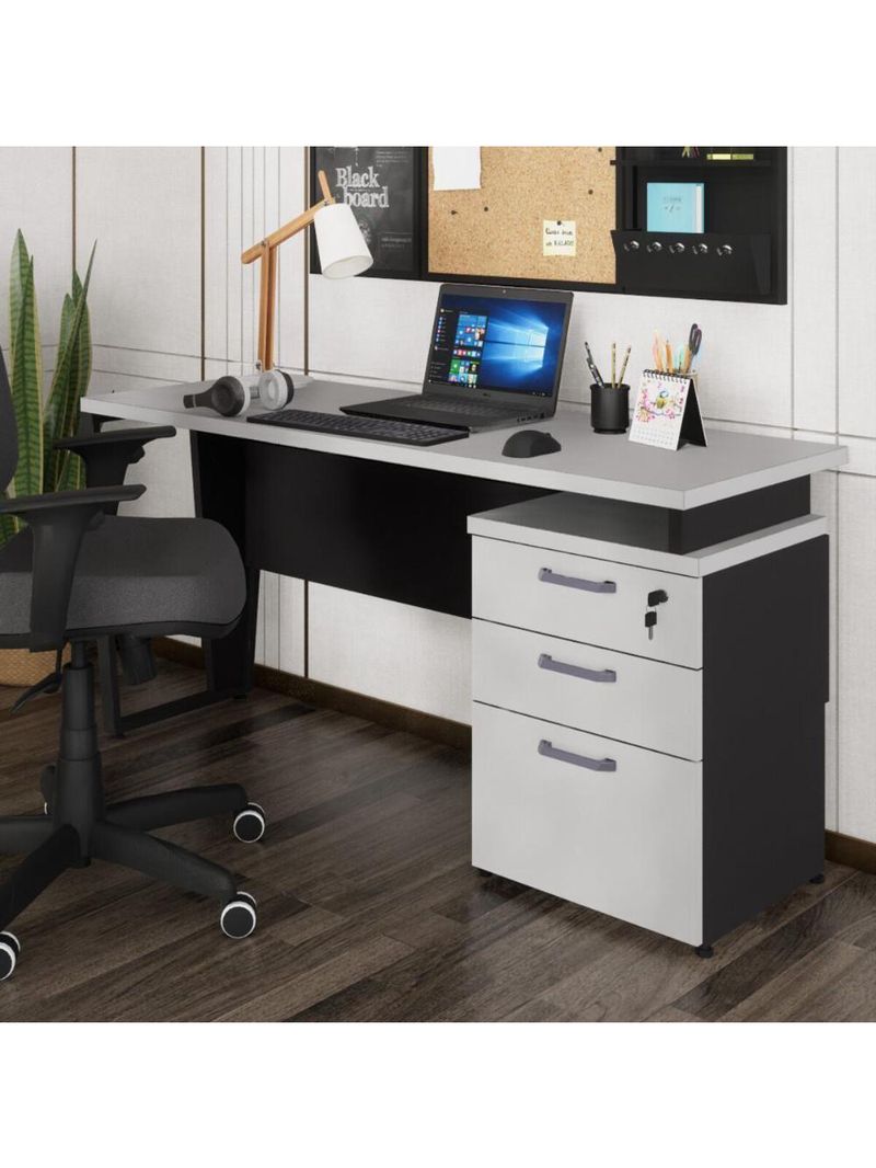 Escrivaninha Mesa Escritório 150cm 3 Gavetas Multimóveis Cr25322 Cinza Preto