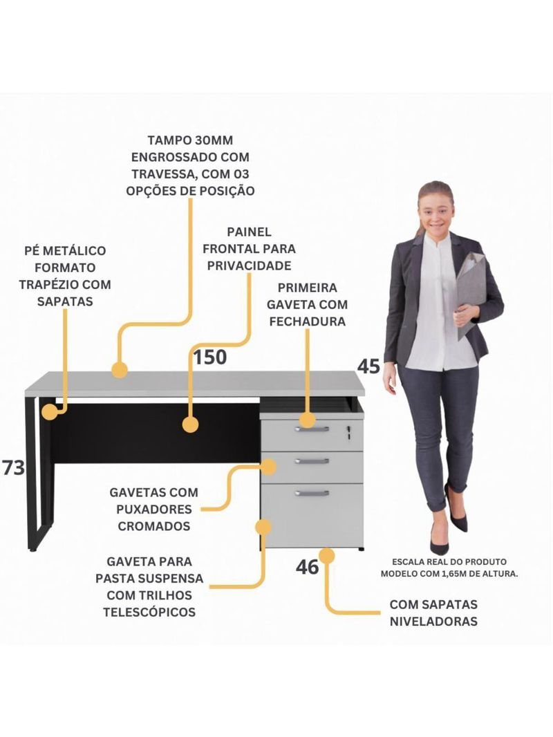 Escrivaninha Mesa Escritório 150cm 3 Gavetas Multimóveis Cr25322 Cinza Preto