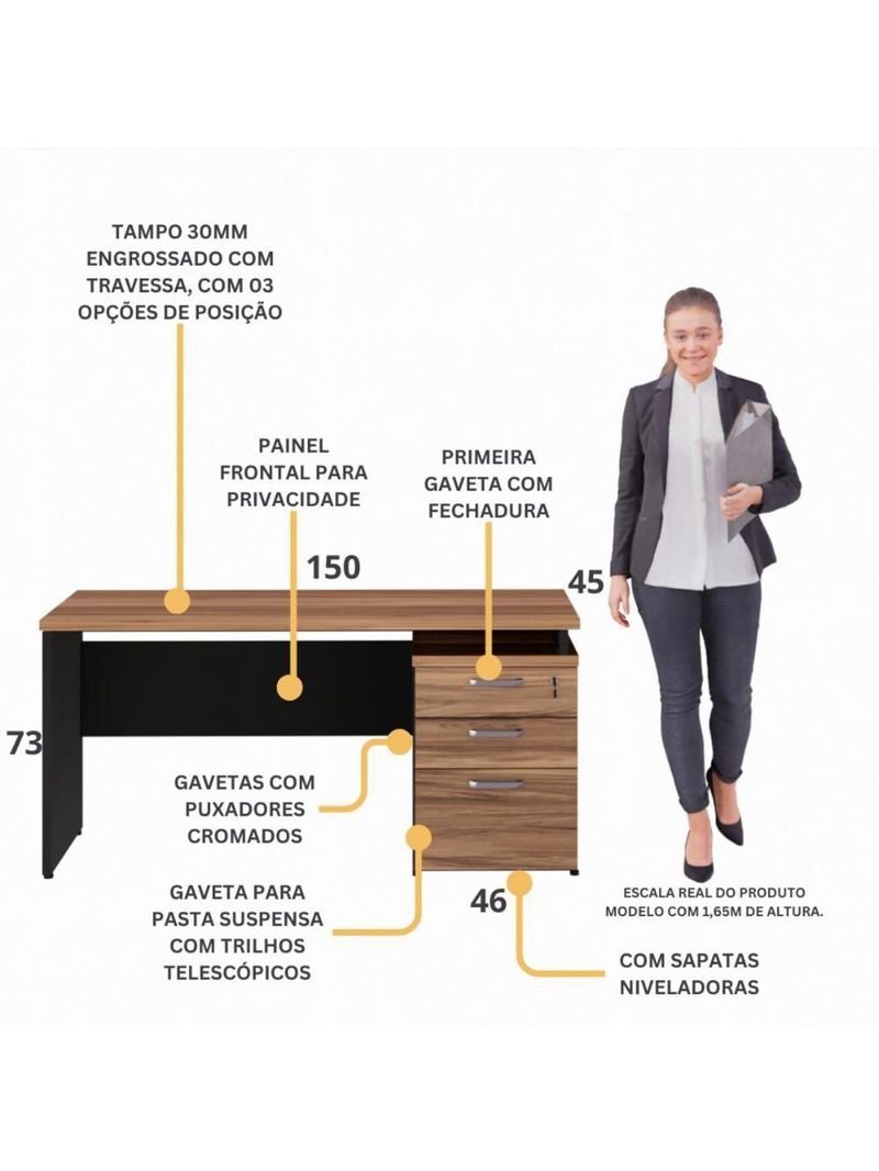 Escrivaninha Mesa Escritório 150cm 3 Gavetas Multimóveis Cr25316 Sevilha Preto