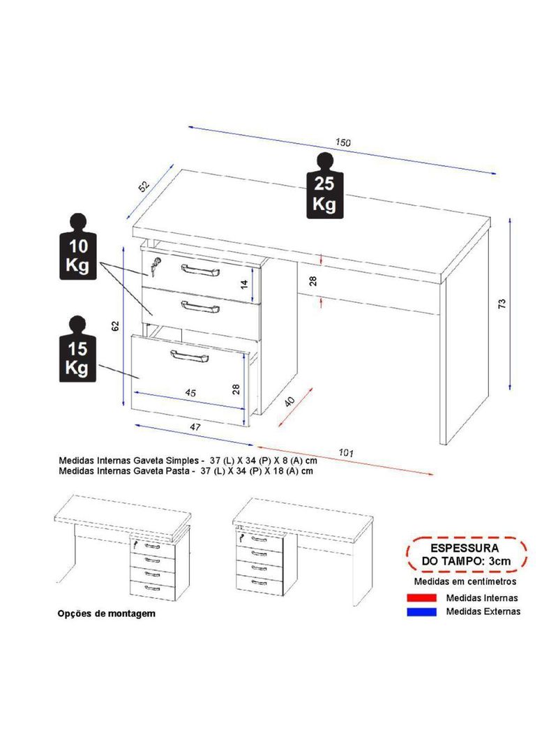 Escrivaninha Mesa Escritório 150cm 3 Gavetas Multimóveis Cr25322 Sevilha Preto