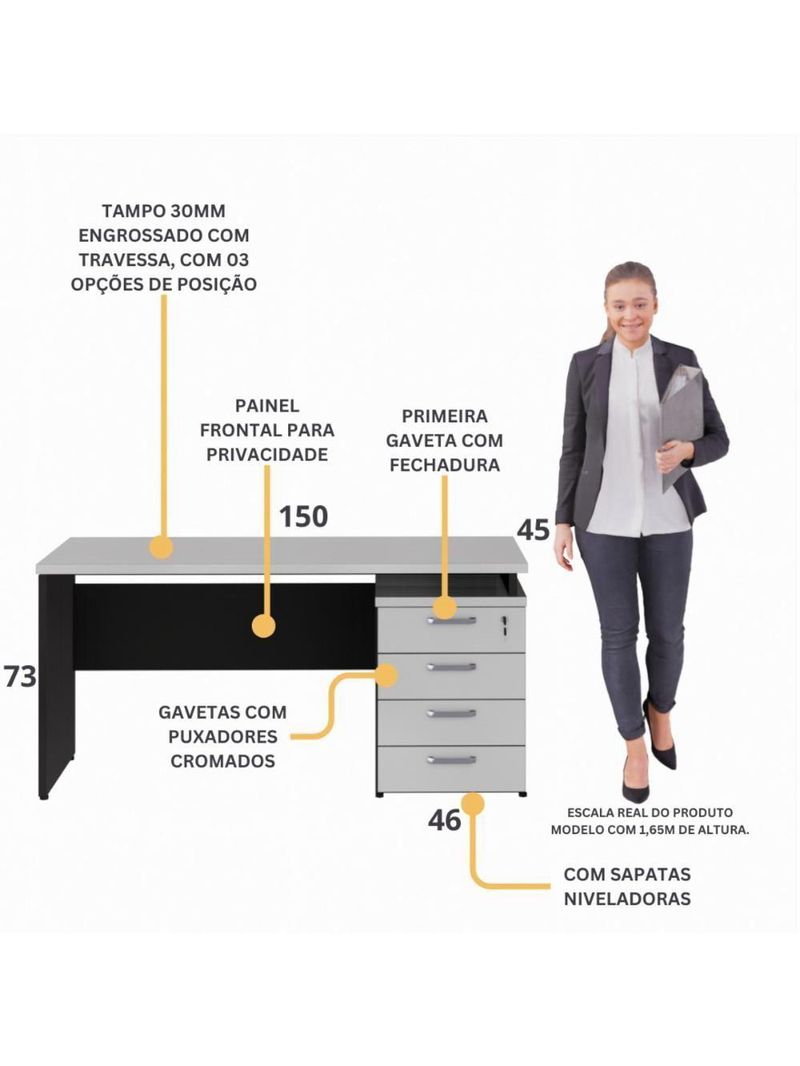 Escrivaninha Mesa Escritório 150cm 4 Gavetas Multimóveis Cr25317 Cinza Preto