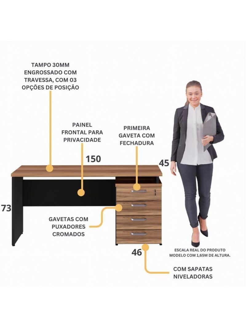Escrivaninha Mesa Escritório 150cm 4 Gavetas Multimóveis Cr25317 Sevilha Preto