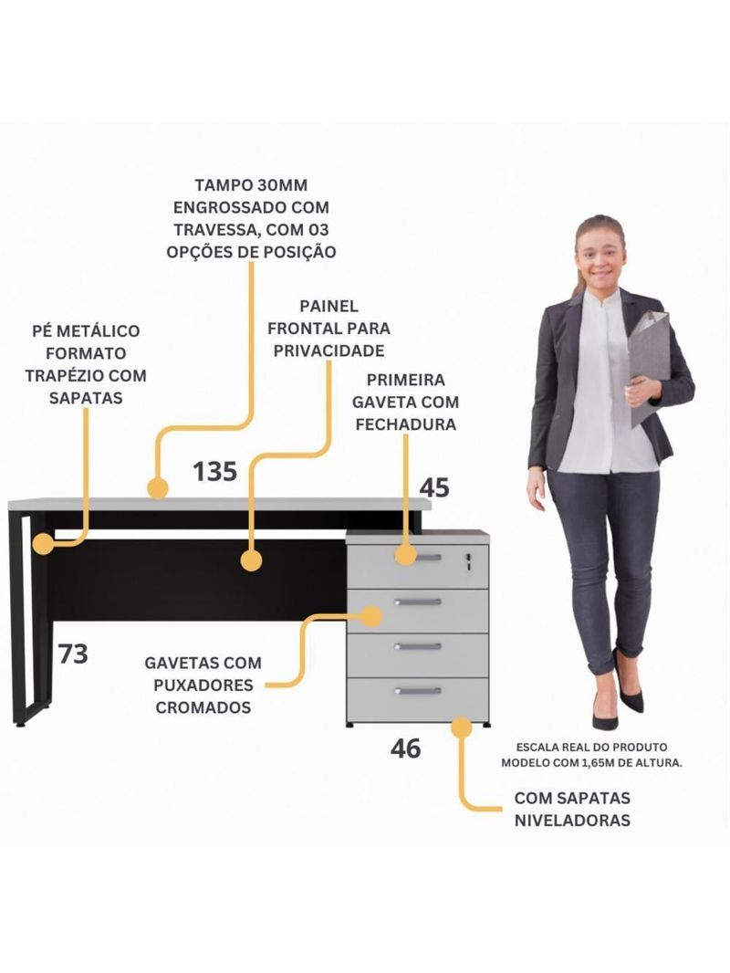 Escrivaninha Mesa Escritório Extensível 135cm 4 Gavetas Multimóveis Cr25324 Cinza Preto