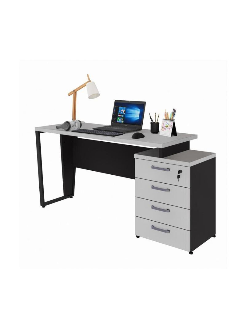 Escrivaninha Mesa Escritório Extensível 135cm 4 Gavetas Multimóveis Cr25324 Cinza Preto