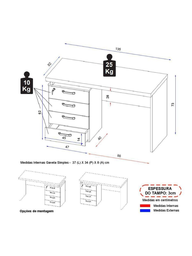 Escrivaninha Mesa Escritório Extensível 135cm 4 Gavetas Multimóveis Cr25324 Cinza Preto