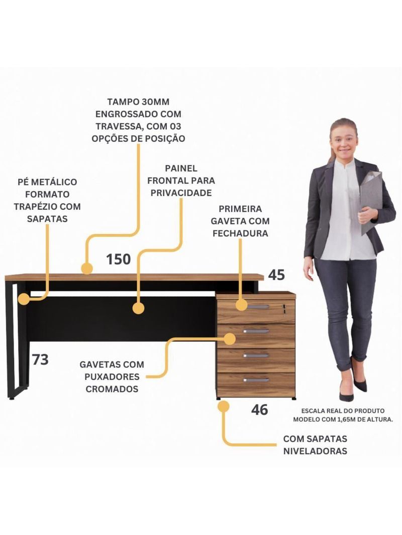 Escrivaninha Mesa Escritório Extensível 150cm 4 Gavetas Multimóveis Cr25325 Sevilha Preto