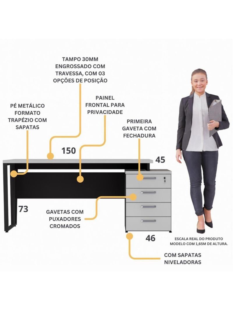Escrivaninha Mesa Escritório Extensível 150cm 4 Gavetas Multimóveis Cr25325 Cinza Preto