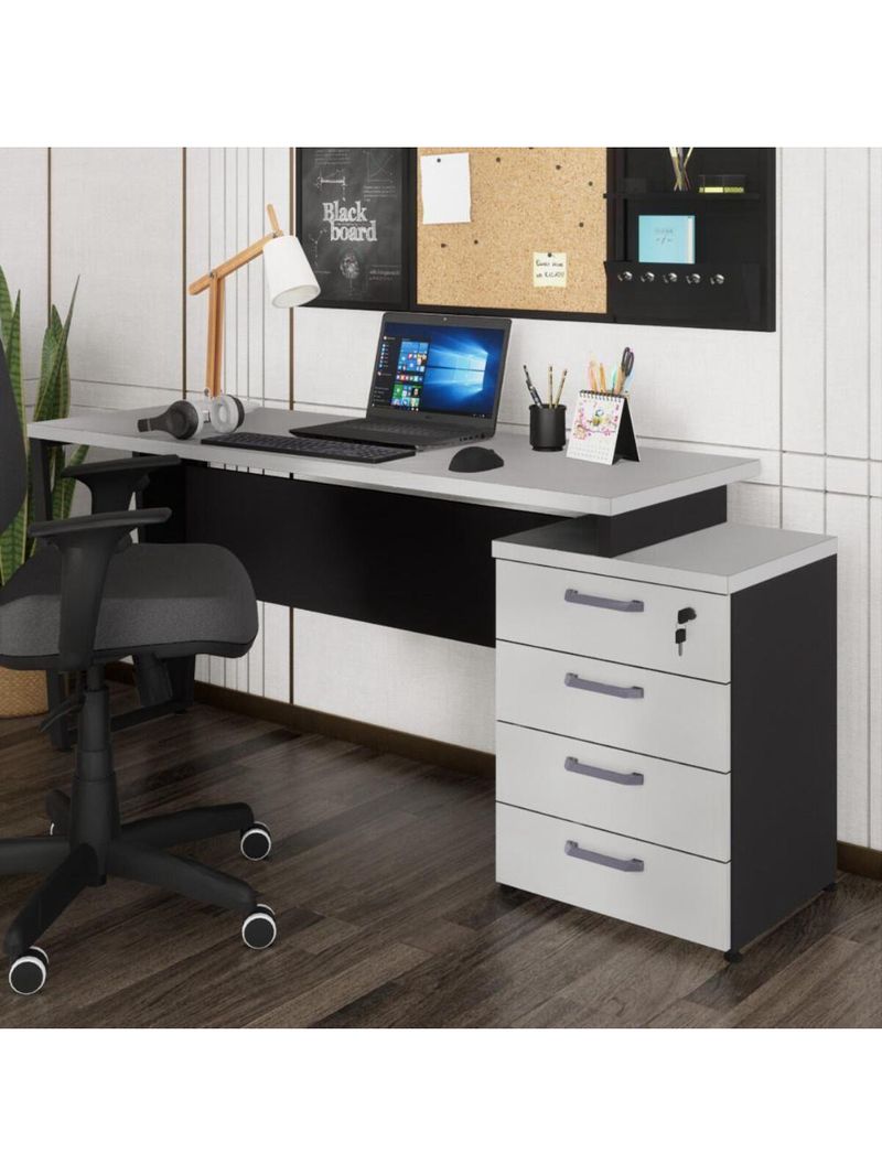 Escrivaninha Mesa Escritório Extensível 150cm 4 Gavetas Multimóveis Cr25325 Cinza Preto