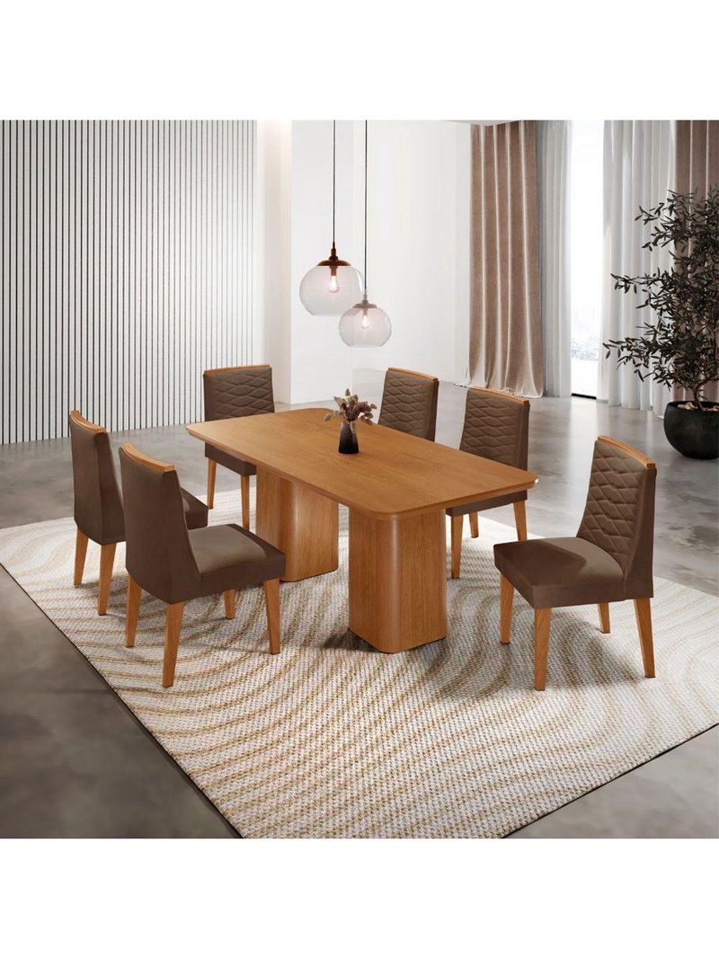 Mesa De Jantar Eloise 180cm Tampo MDF Com 6 Cadeira Moderna Veludo Marrom Naturalle
