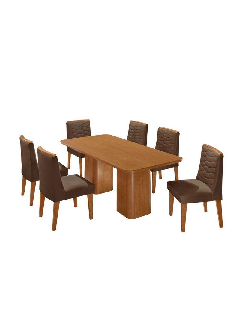 Mesa De Jantar Eloise 180cm Tampo MDF Com 6 Cadeira Moderna Veludo Marrom Naturalle