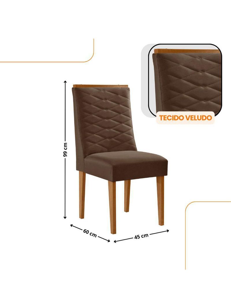 Mesa De Jantar Eloise 180cm Tampo MDF Com 6 Cadeira Moderna Veludo Marrom Naturalle