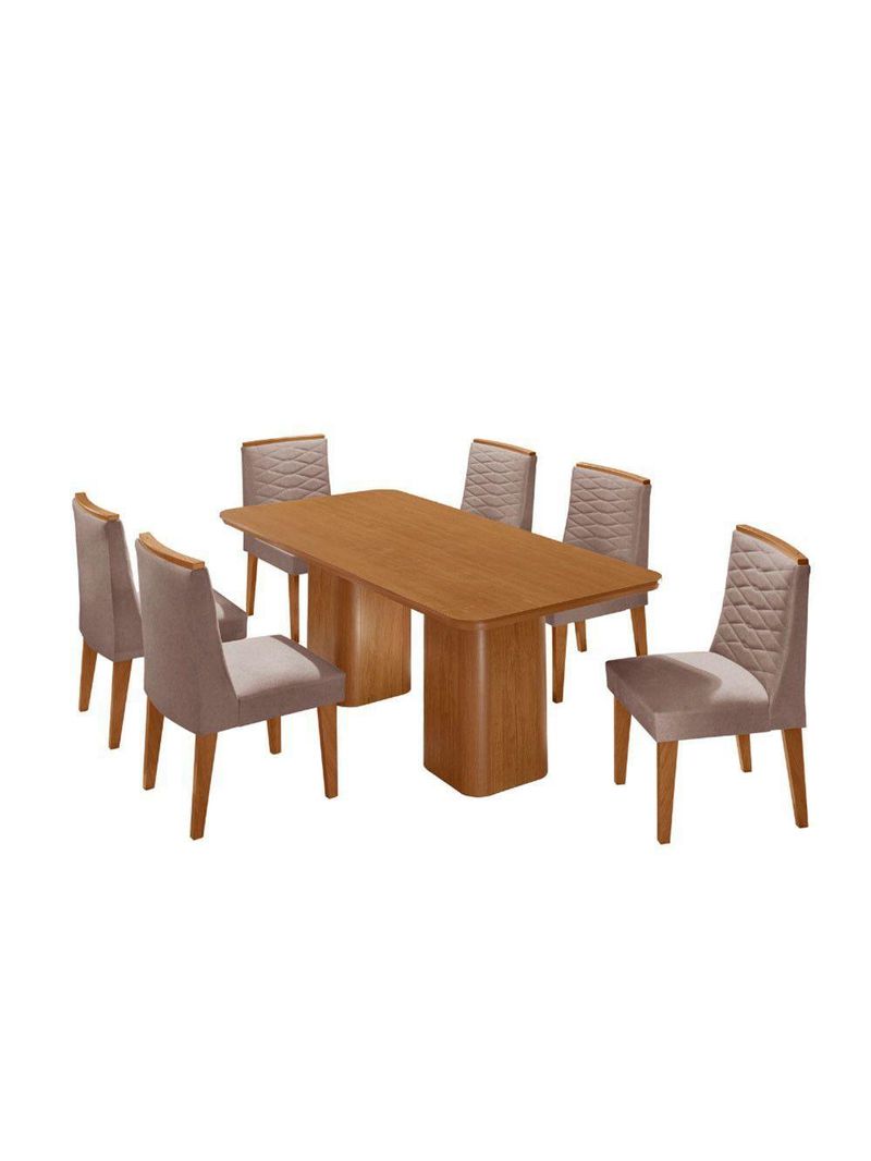 Mesa De Jantar Eloise 180cm Tampo MDF Com 6 Cadeira Moderna Linho Capuccino Naturale