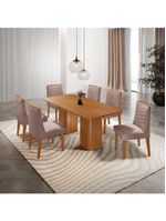 Mesa De Jantar Eloise 180cm Tampo MDF Com 6 Cadeira Moderna Linho Capuccino Naturale