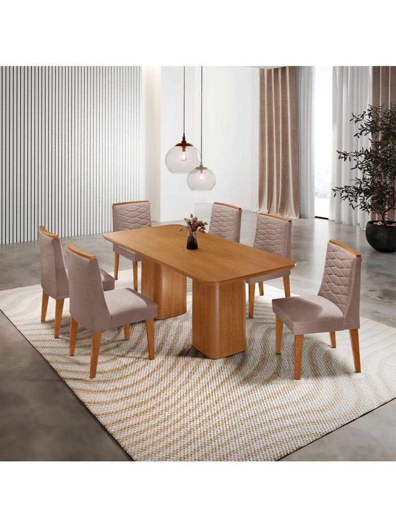 Mesa De Jantar Eloise 180cm Tampo MDF Com 6 Cadeira Moderna Linho Capuccino Naturale