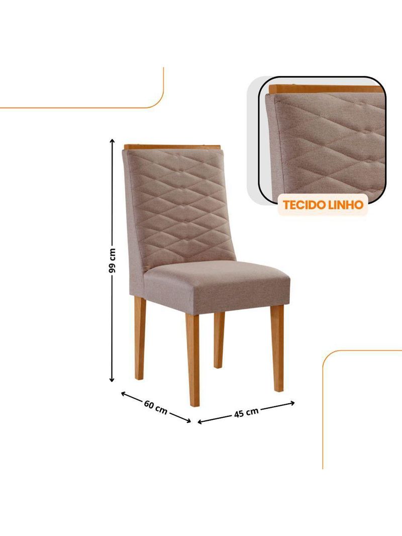 Mesa De Jantar Eloise 180cm Tampo MDF Com 6 Cadeira Moderna Linho Capuccino Naturale