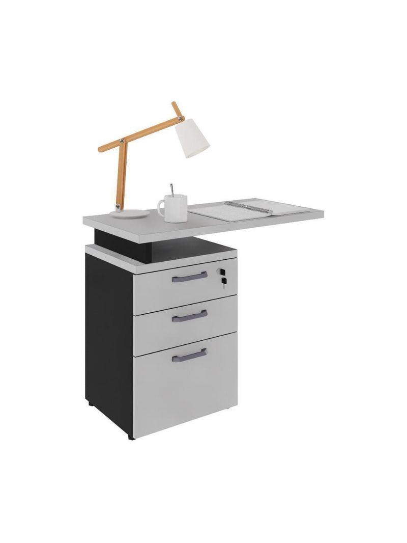 Gaveteiro De Escritório Com Tampo Auxiliar 90cm Com Chave 3 Gavetas Multimóveis Cr25301 Cinza Preto