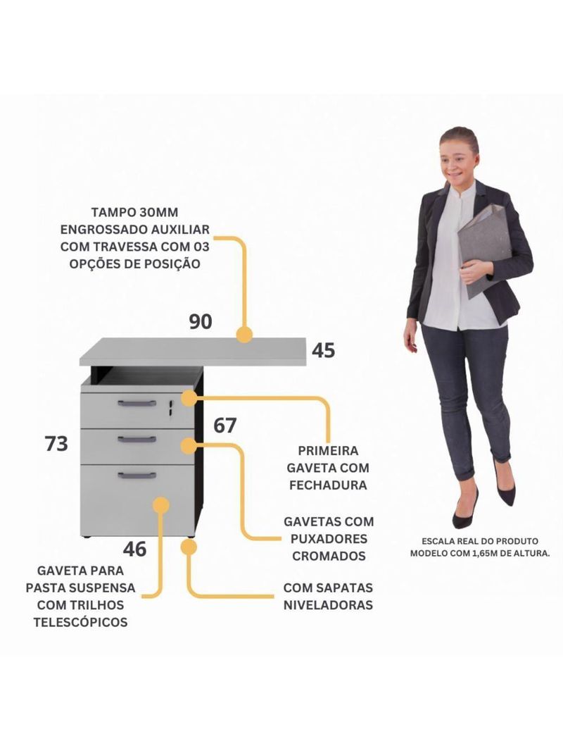 Gaveteiro De Escritório Com Tampo Auxiliar 90cm Com Chave 3 Gavetas Multimóveis Cr25301 Cinza Preto