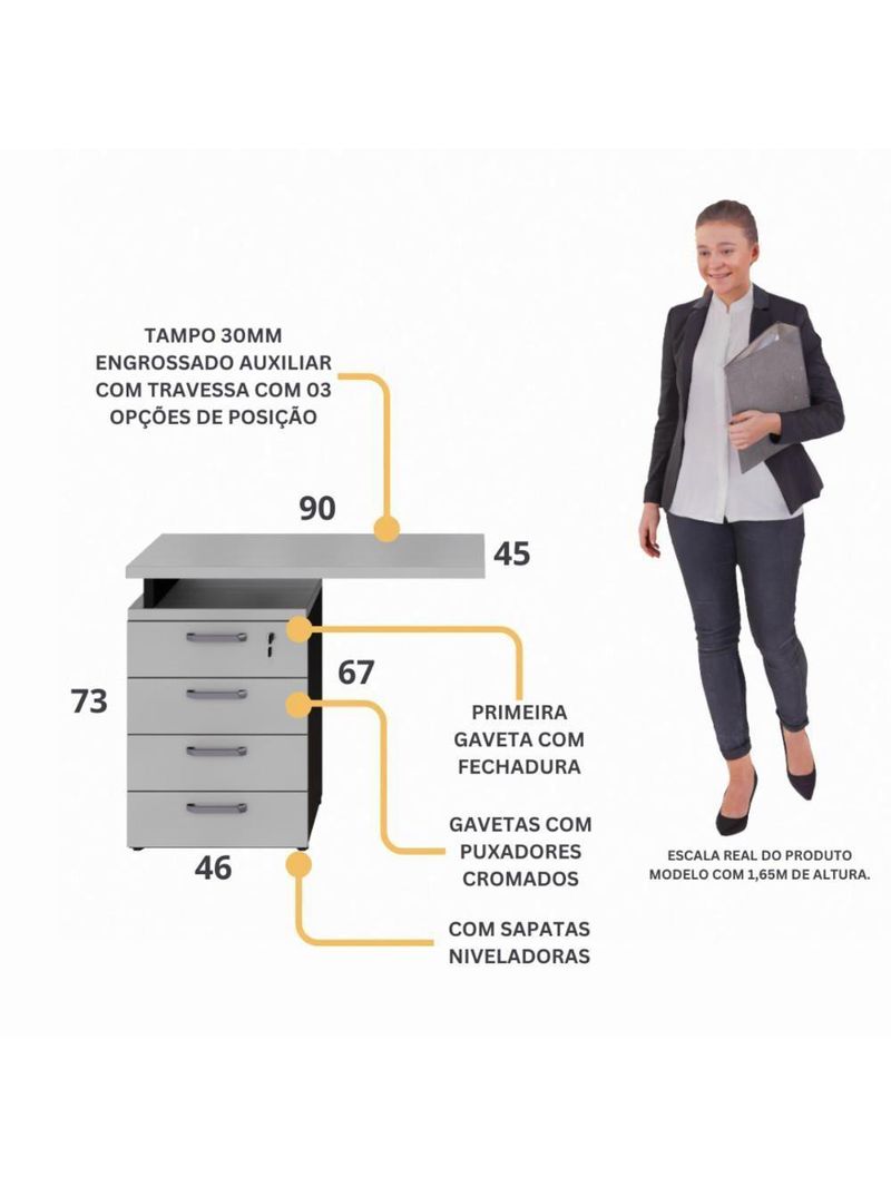 Gaveteiro De Escritório Com Tampo Auxiliar 90cm Com Chave 4 Gavetas Multimóveis Cr25300 Cinza Preto