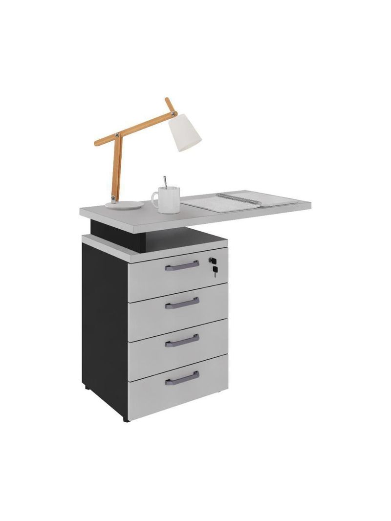 Gaveteiro De Escritório Com Tampo Auxiliar 90cm Com Chave 4 Gavetas Multimóveis Cr25300 Cinza Preto