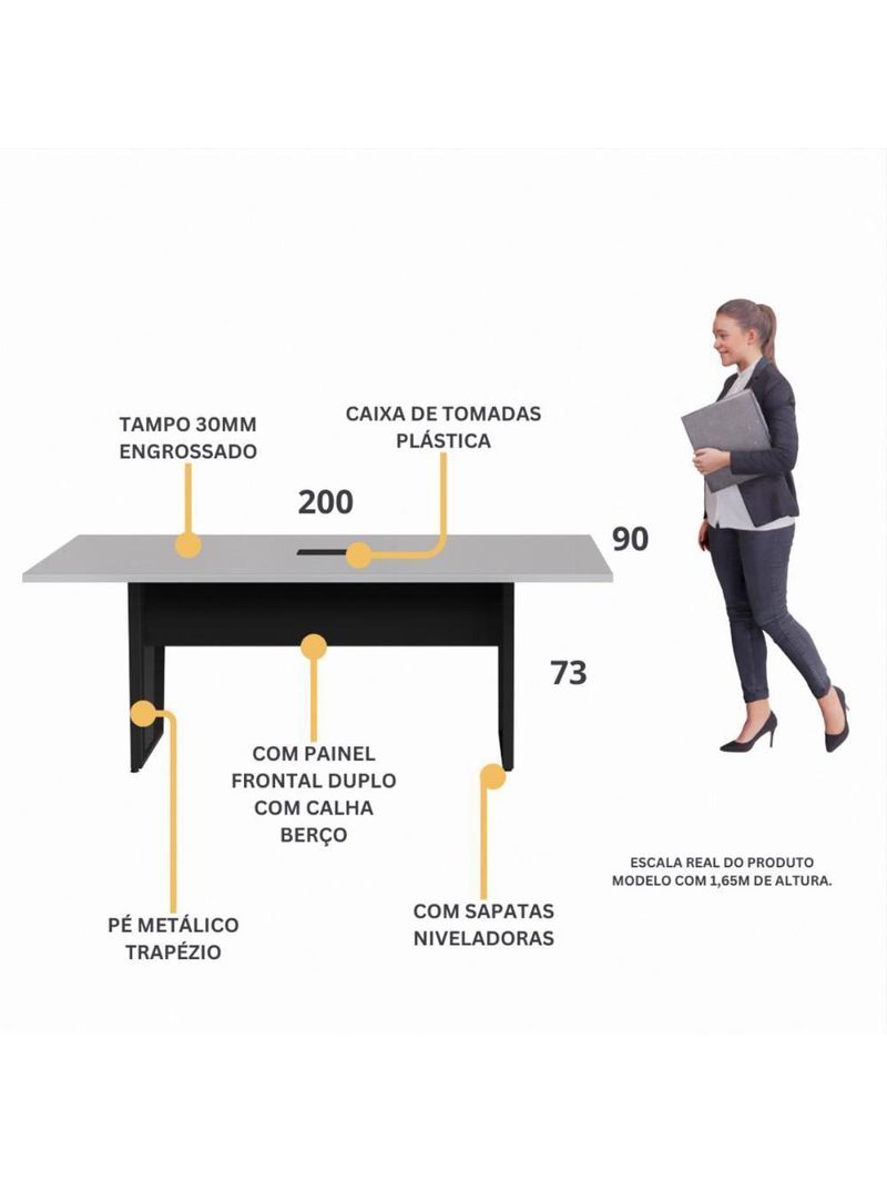 Mesa De Escritório Reunião 200cm Com Caixa De Tomadas Multimóveis Cr25335 Cinza Preto