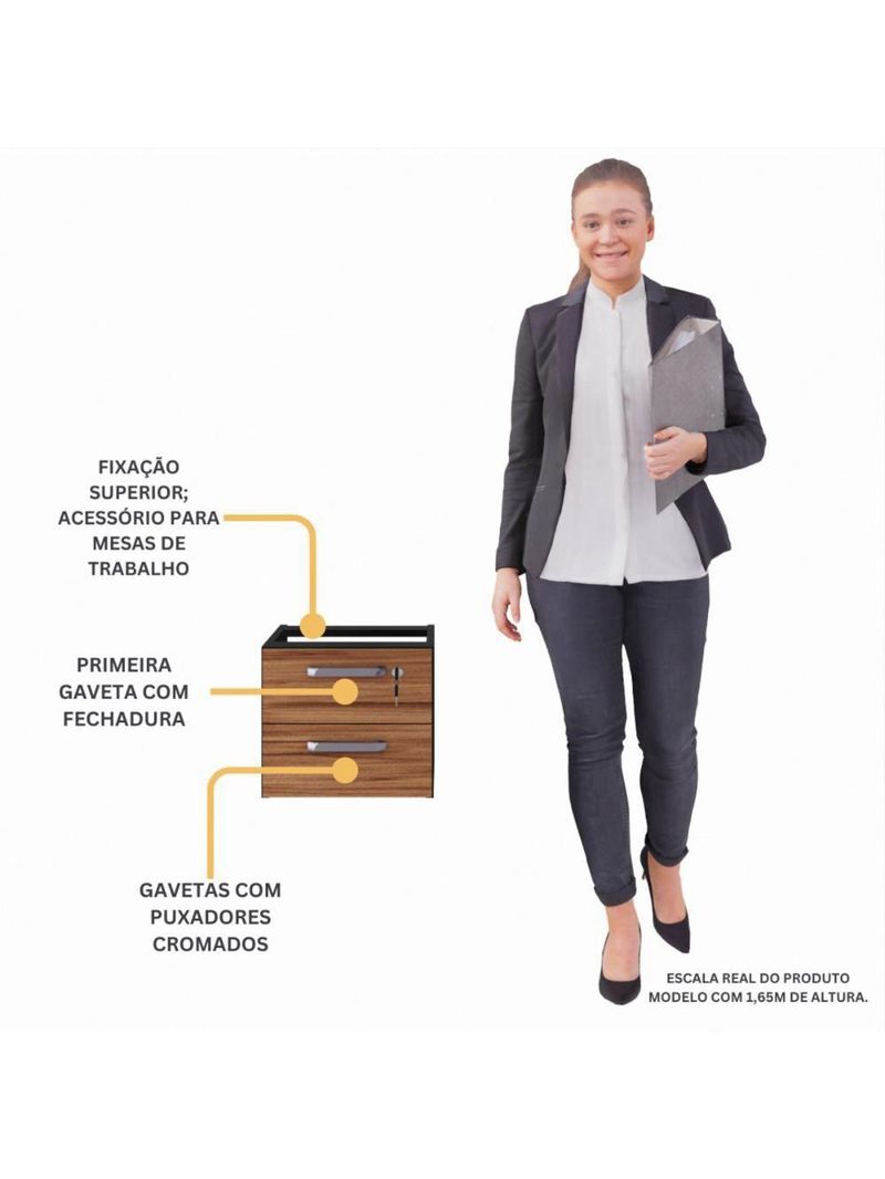 Gaveteiro Para Mesa De Escritório 33cm Com Chave 2 Gavetas Multimóveis Cr25304 Sevilha Preto