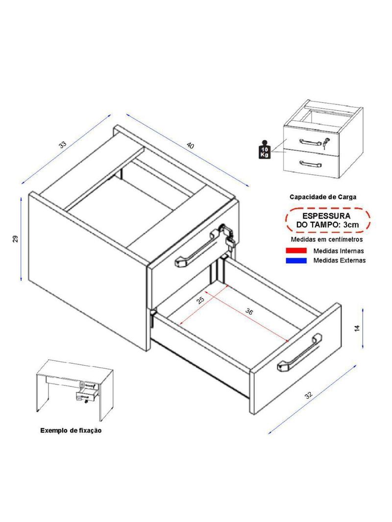 Gaveteiro Para Mesa De Escritório 33cm Com Chave 2 Gavetas Multimóveis Cr25304 Sevilha Preto