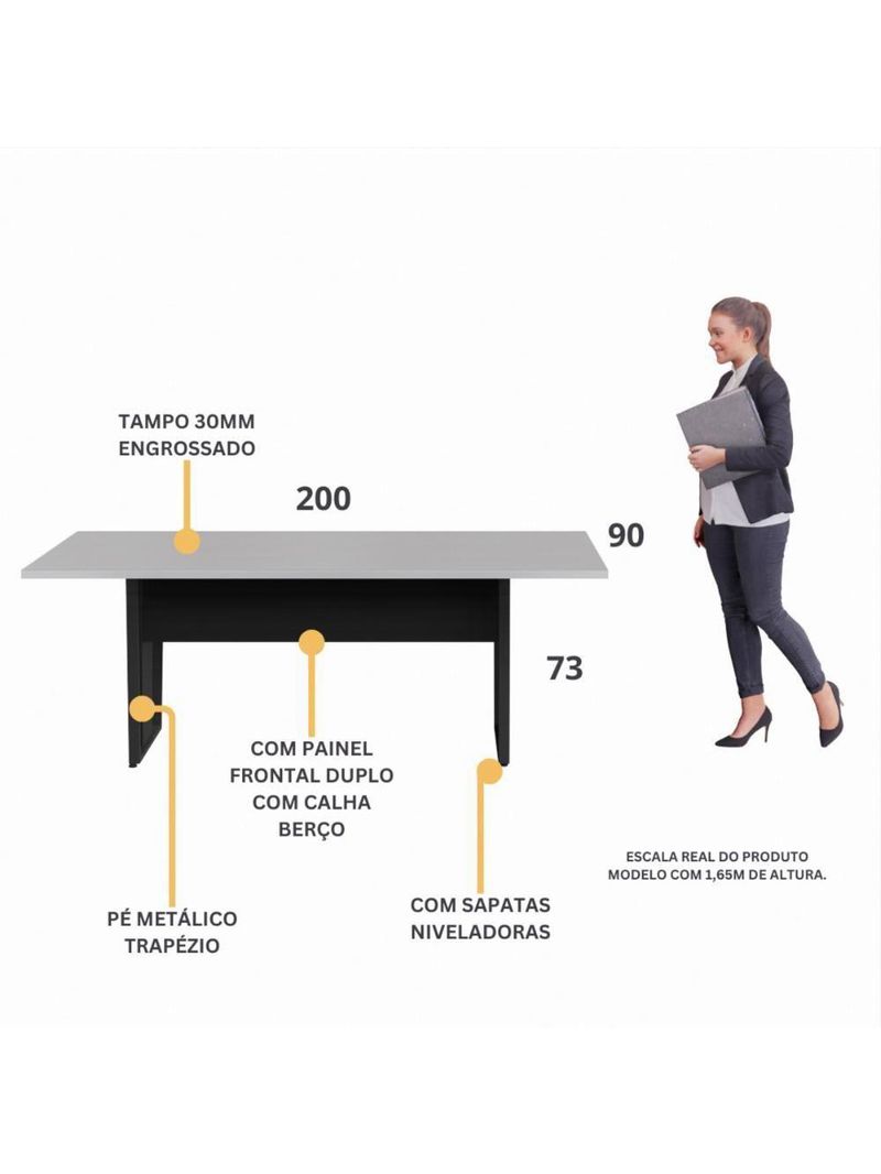 Mesa De Escritório Reunião 200cm Multimóveis Cr25332 Cinza Preto