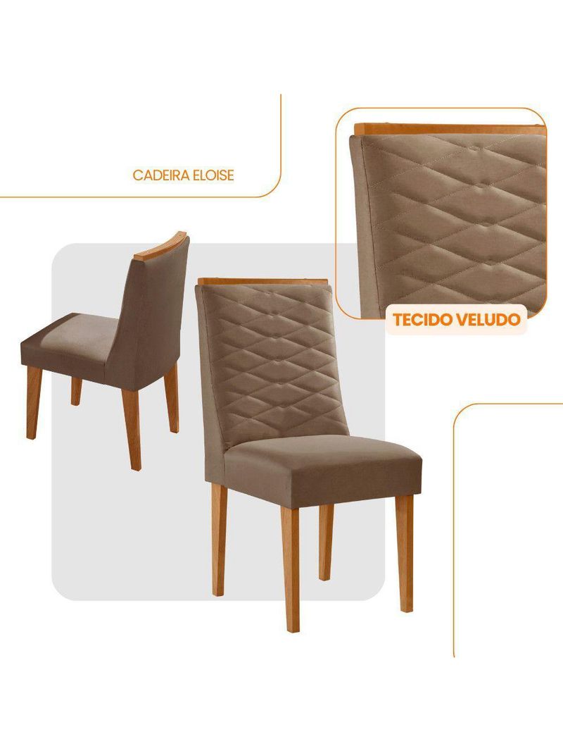 Conjunto Com 2 Cadeiras MDF Eloise Para Sala De Jantar Moderna Veludo Capuccino/Naturalle