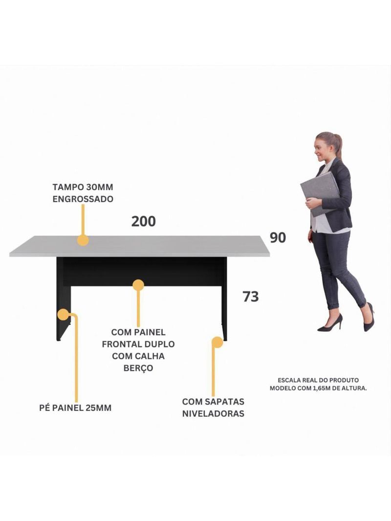 Mesa De Escritório Reunião 200cm Multimóveis Cr25333 Cinza Preto