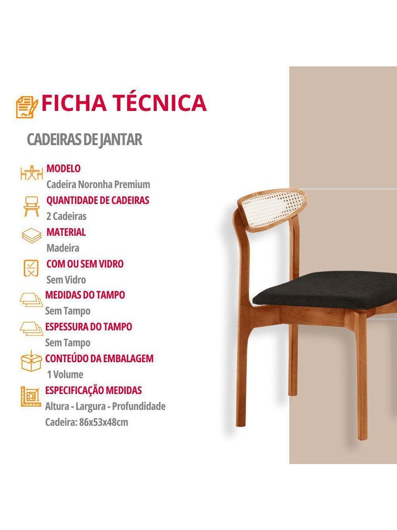 Conjunto 2 Cadeira De Jantar Noronha Premium Moderna Mobília Linho Preto / Imbuia Nat