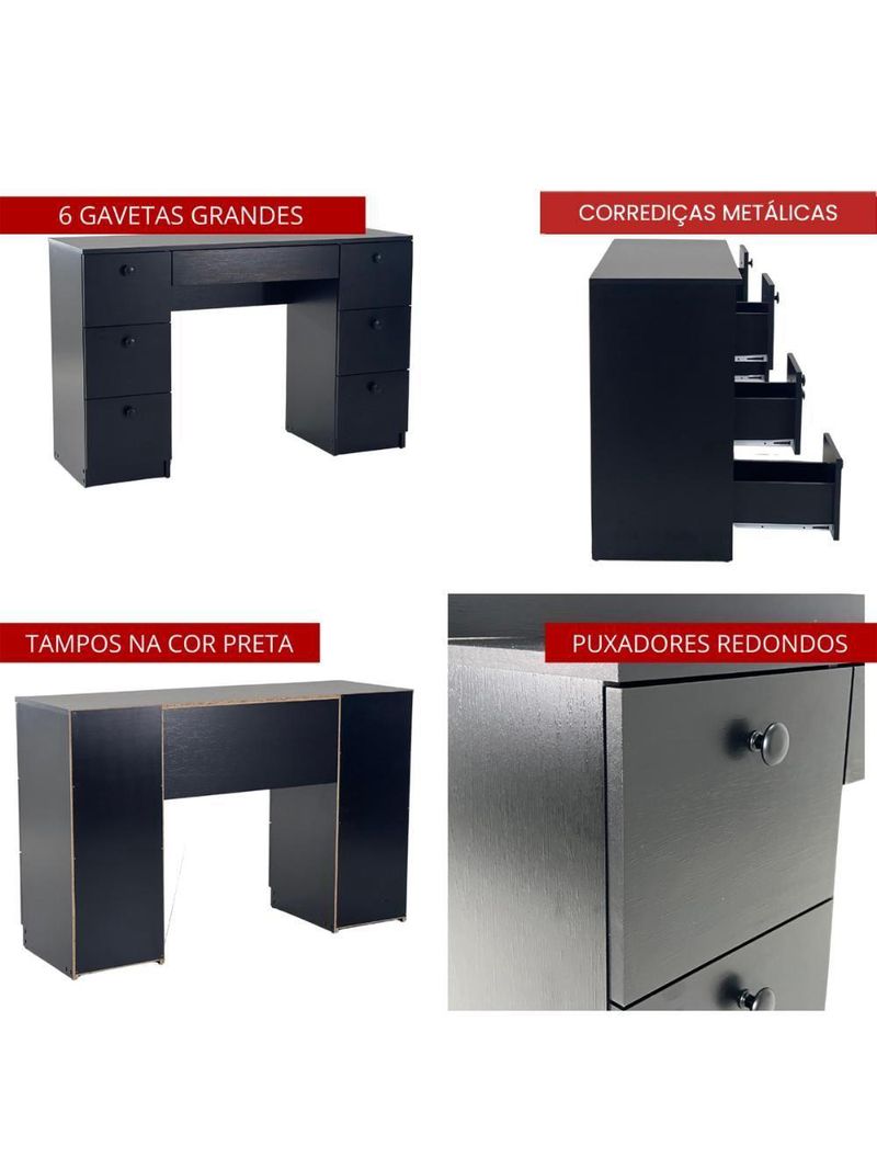 Mesa de Escritório Ditália 7 Gavetas  Cadeira Pe-100 Preto