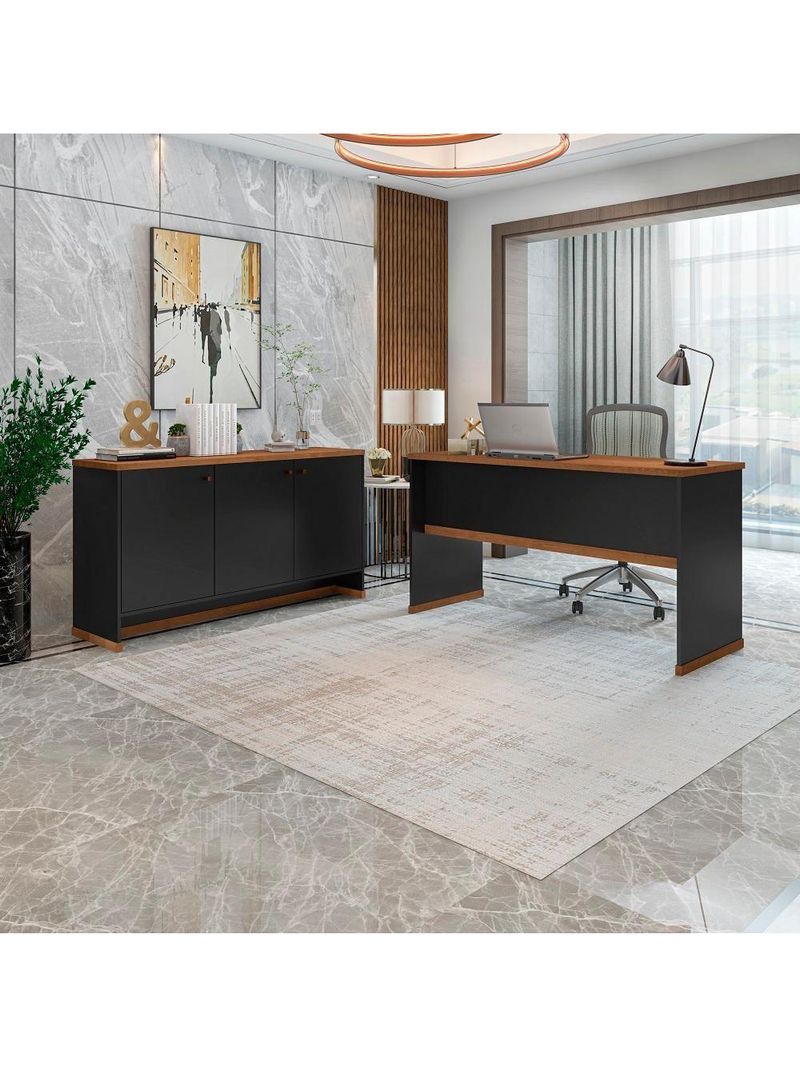 Conjunto Escritório Office Mesa E Buffet Verbena - Vianossa - Preto/ Preto/