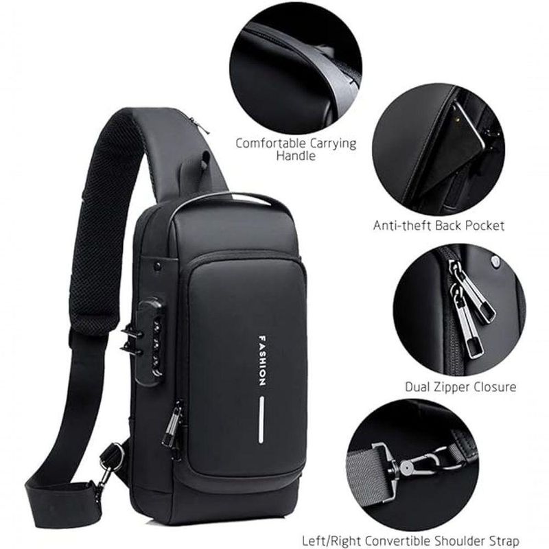 Pochet Masculina De Ombro Antifurto Com Porta Usb E Couro Pu Impermeávelpreta - Preta