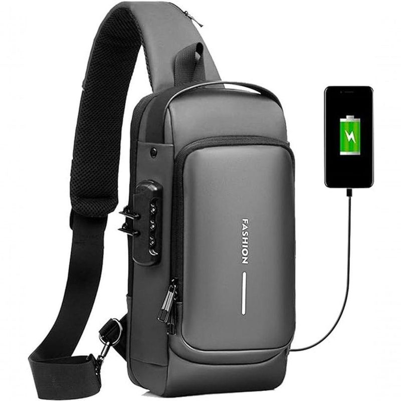 Pochet Masculina De Ombro Antifurto Com Porta Usb E Couro Pu Impermeávelpreta - Preta