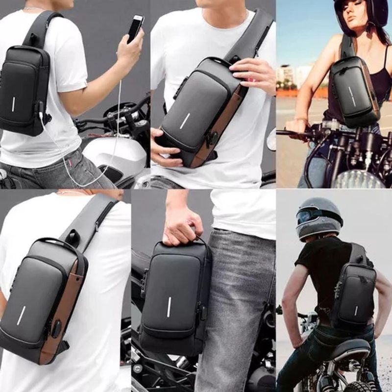 Pochet Masculina De Ombro Antifurto Com Porta Usb E Couro Pu Impermeávelpreta - Preta