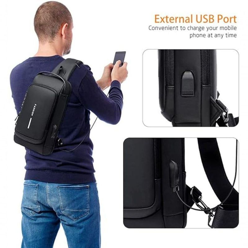Pochet Masculina De Ombro Antifurto Com Porta Usb E Couro Pu Impermeávelpreta - Preta
