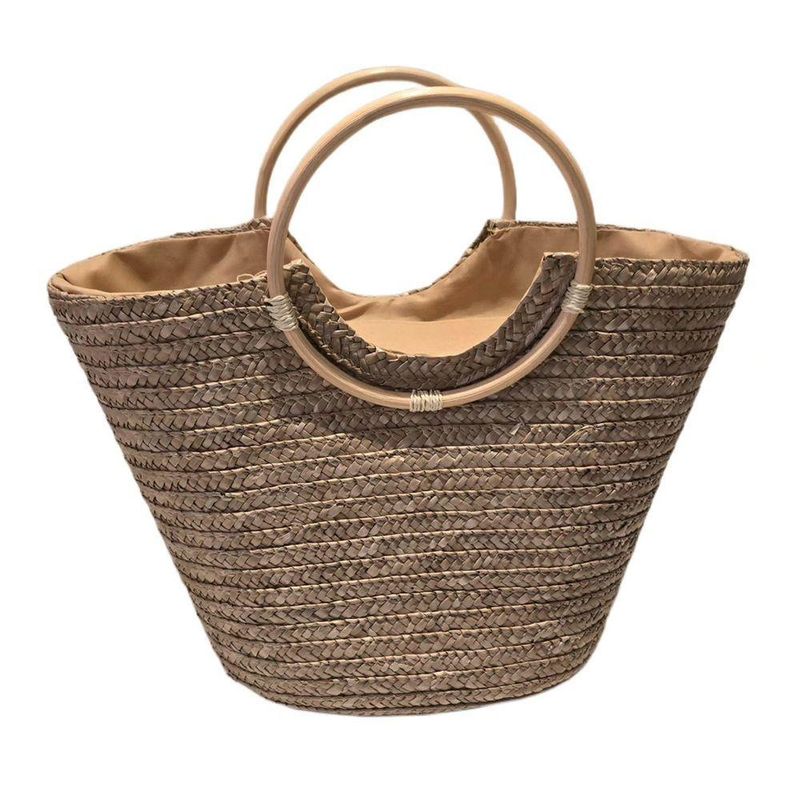 Bolsa Grande Cesta Alça Madeira Artesanal Praia Piscina Cor:palha Escura