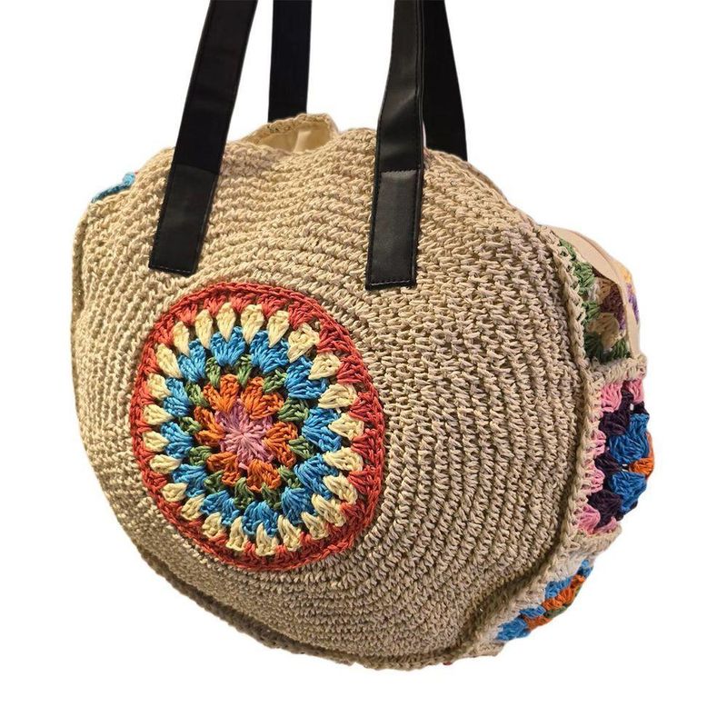 Bolsa Artesanal Praia Forrada Redonda Crochê Grande Verão Cor Palha