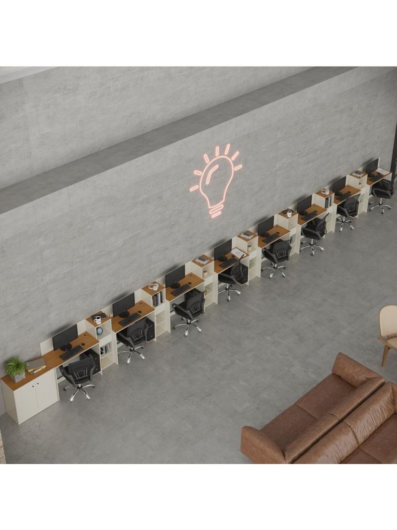 Conjunto De Escritório Tech 7 Livreiro 1 Buffet E 8 Mesas 90 - Off White E Cedro Off White E Cedro