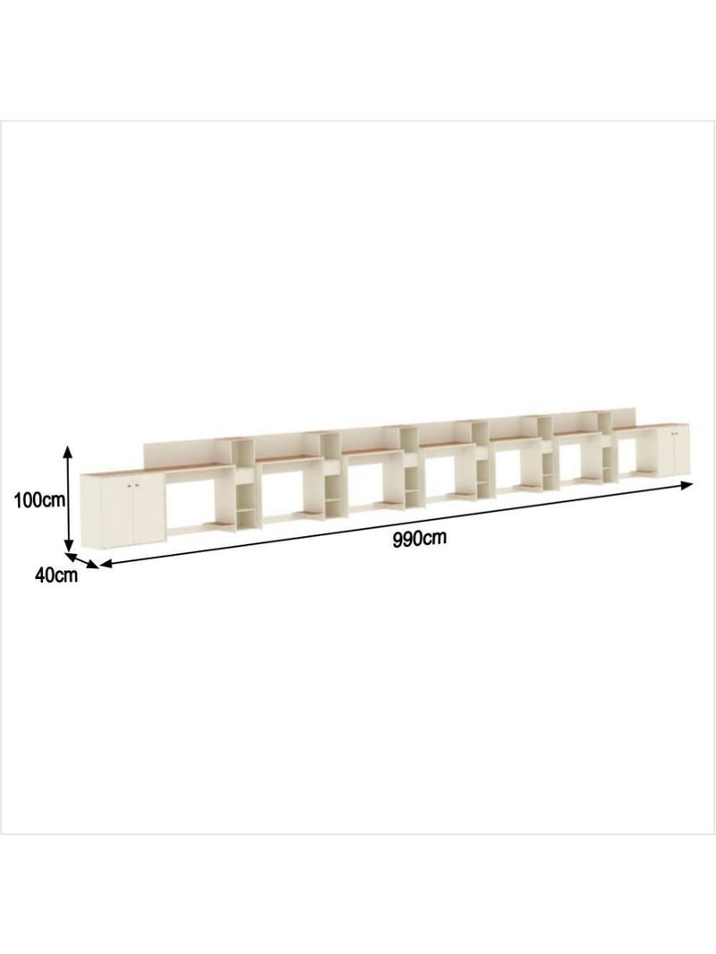 Conjunto De Escritório Tech 6 Livreiro 2 Buffet E 7 Mesas 90 - Off White E Cedro Off White E Cedro