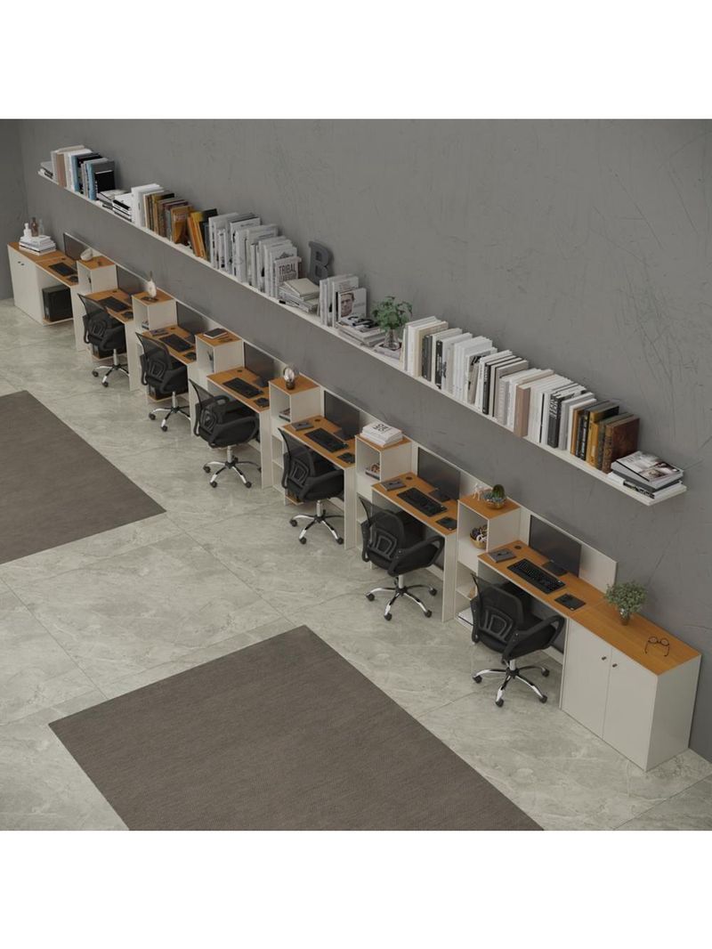 Conjunto De Escritório Tech 6 Livreiro 2 Buffet E 7 Mesas 90 - Off White E Cedro Off White E Cedro