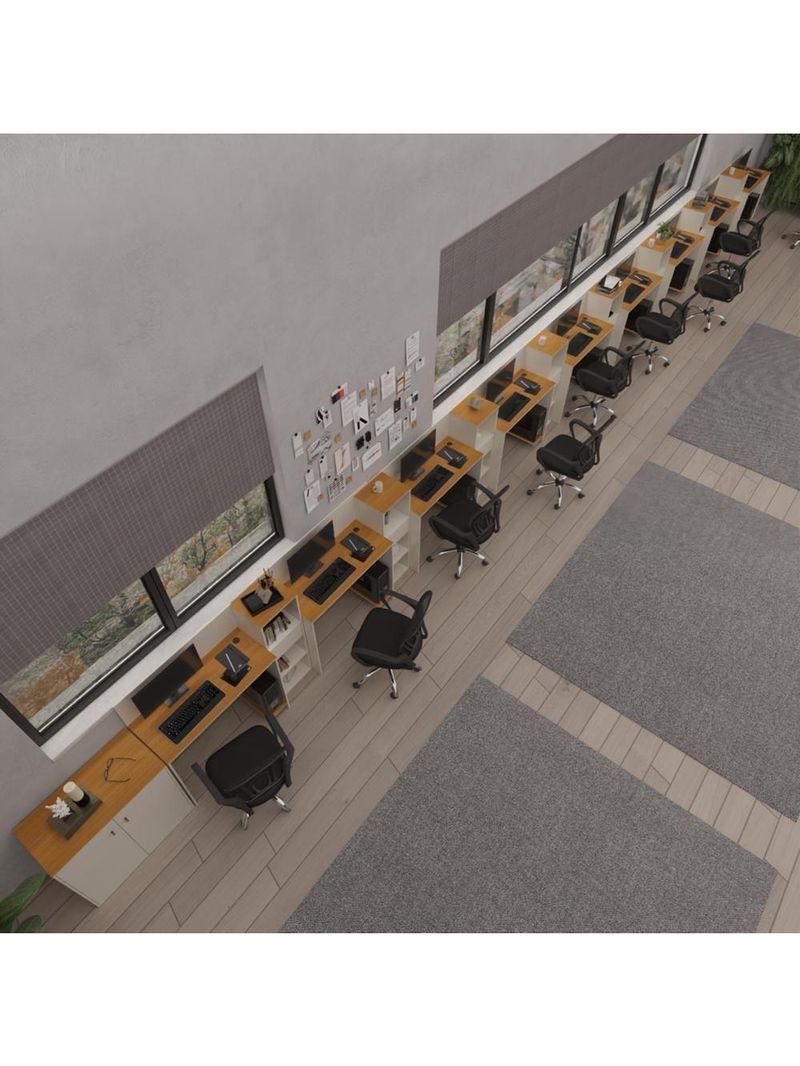 Conjunto De Escritório Tech 8 Livreiro 1 Buffet E 9 Mesas 90 - Off White E Cedro Off White E Cedro