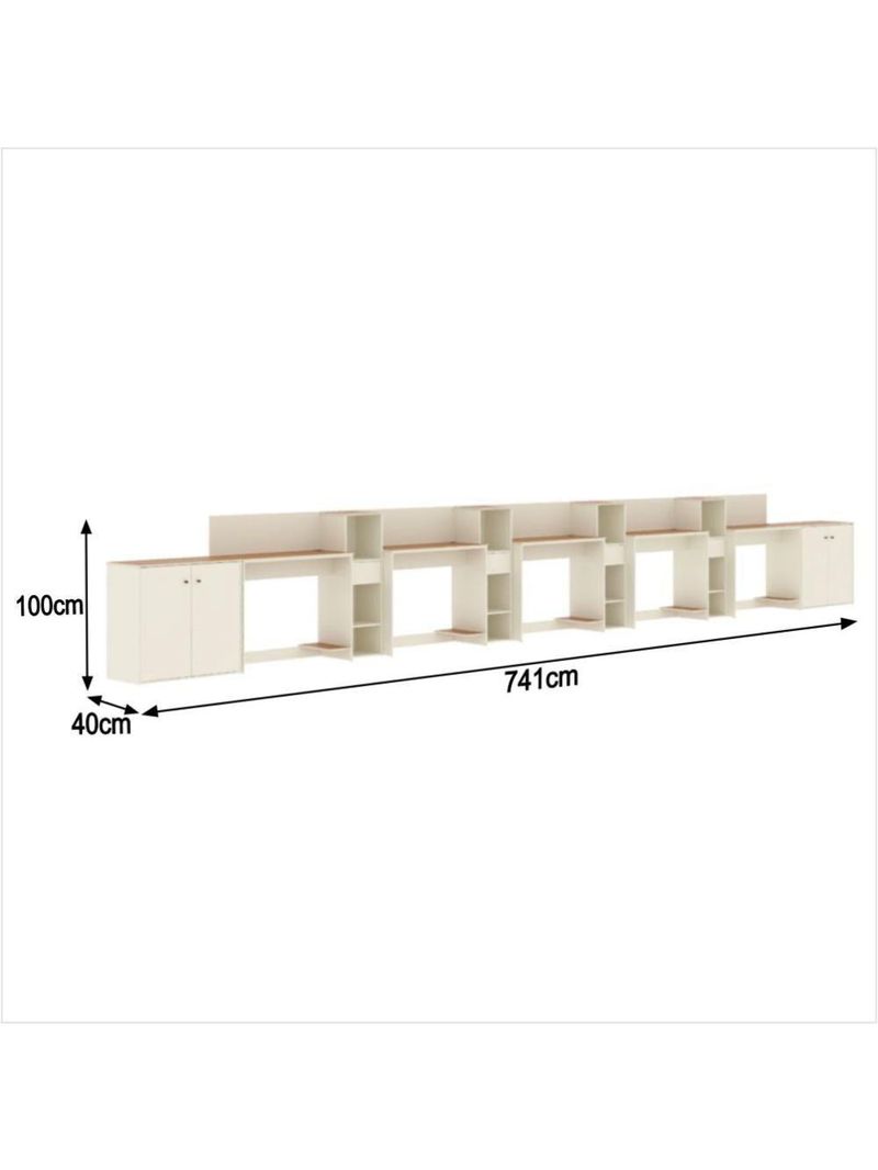 Conjunto De Escritório Tech 4 Livreiro 2 Buffet E 5 Mesas 90 - Off White E Cedro Off White E Cedro