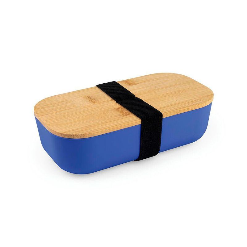 Lancheira Plástica 700ml Com Tampa De Bambu Com Elástico Azul