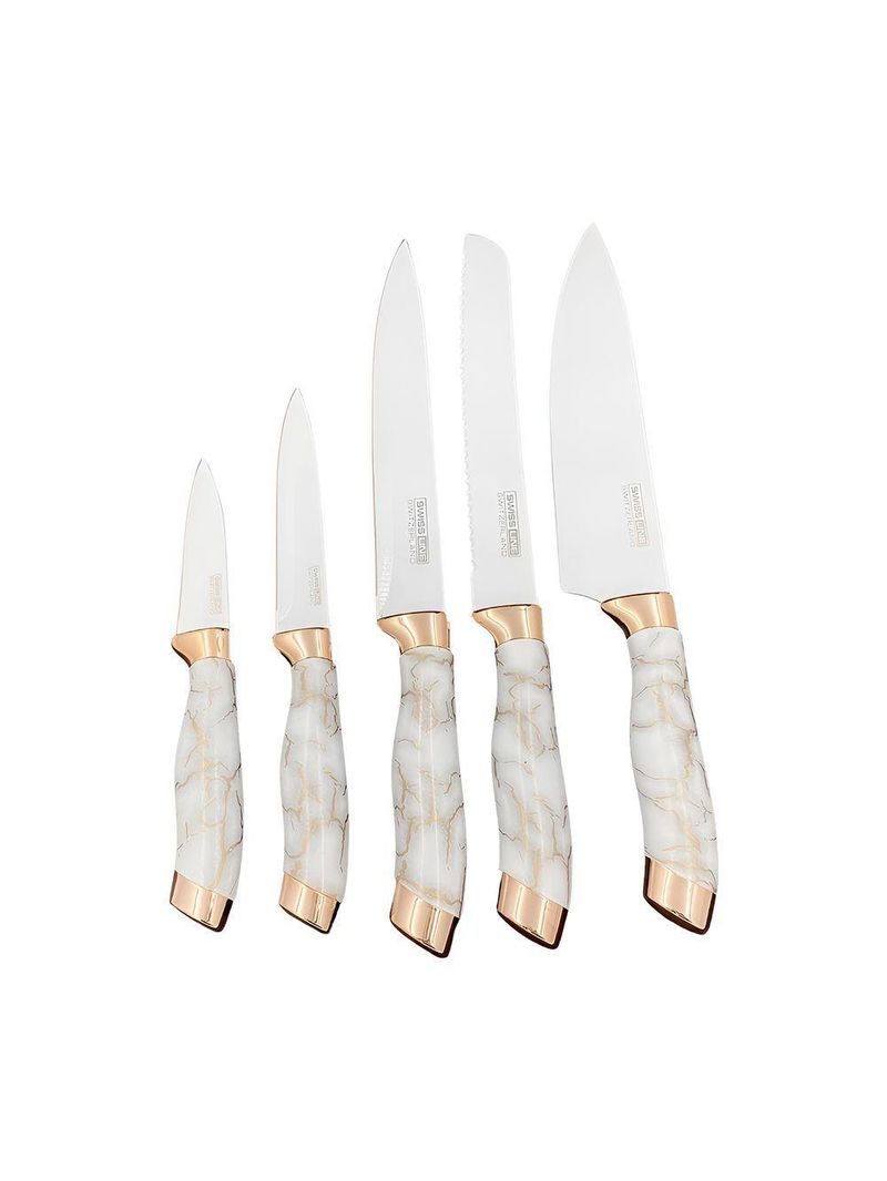 Conjunto 5 Facas Estilo Mármore Suporte Cozinha Utensílios Legância E Precisão - branco