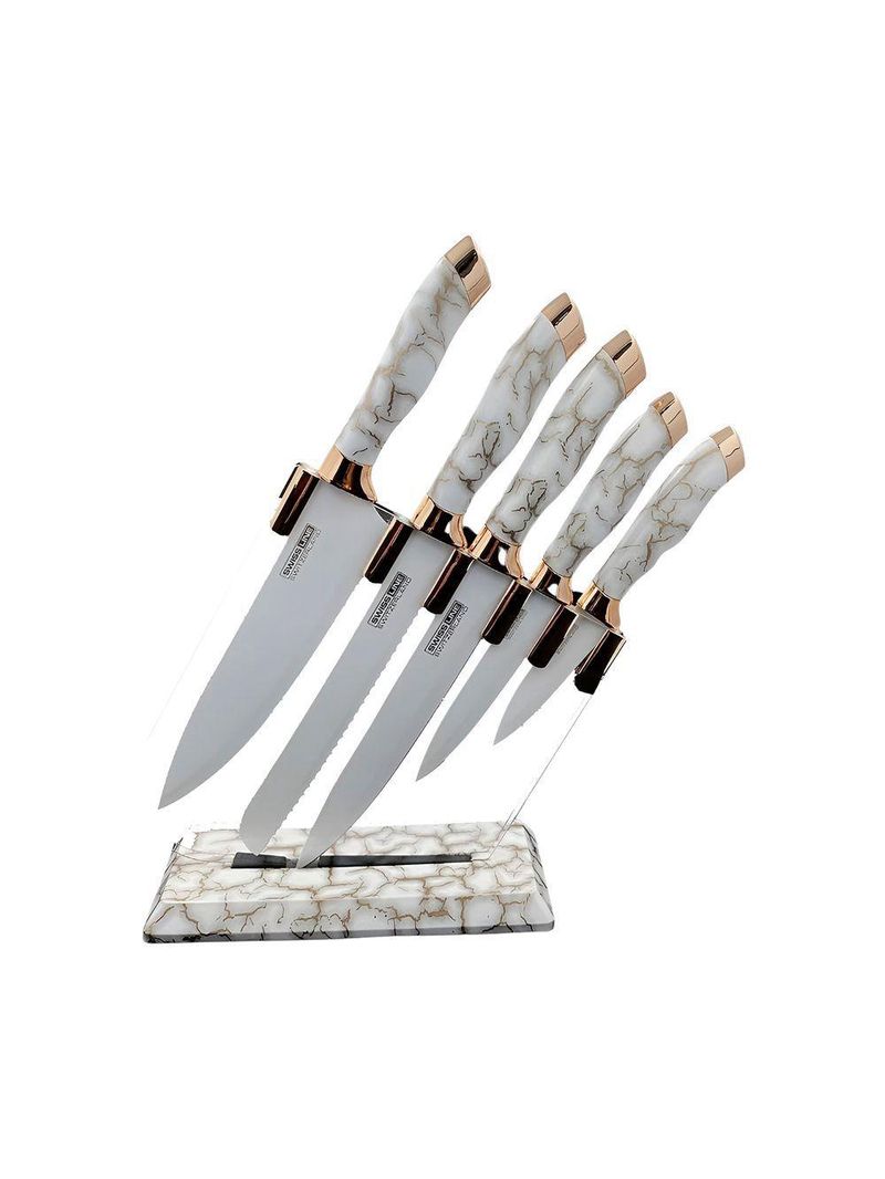 Conjunto 5 Facas Estilo Mármore Suporte Cozinha Utensílios - preto