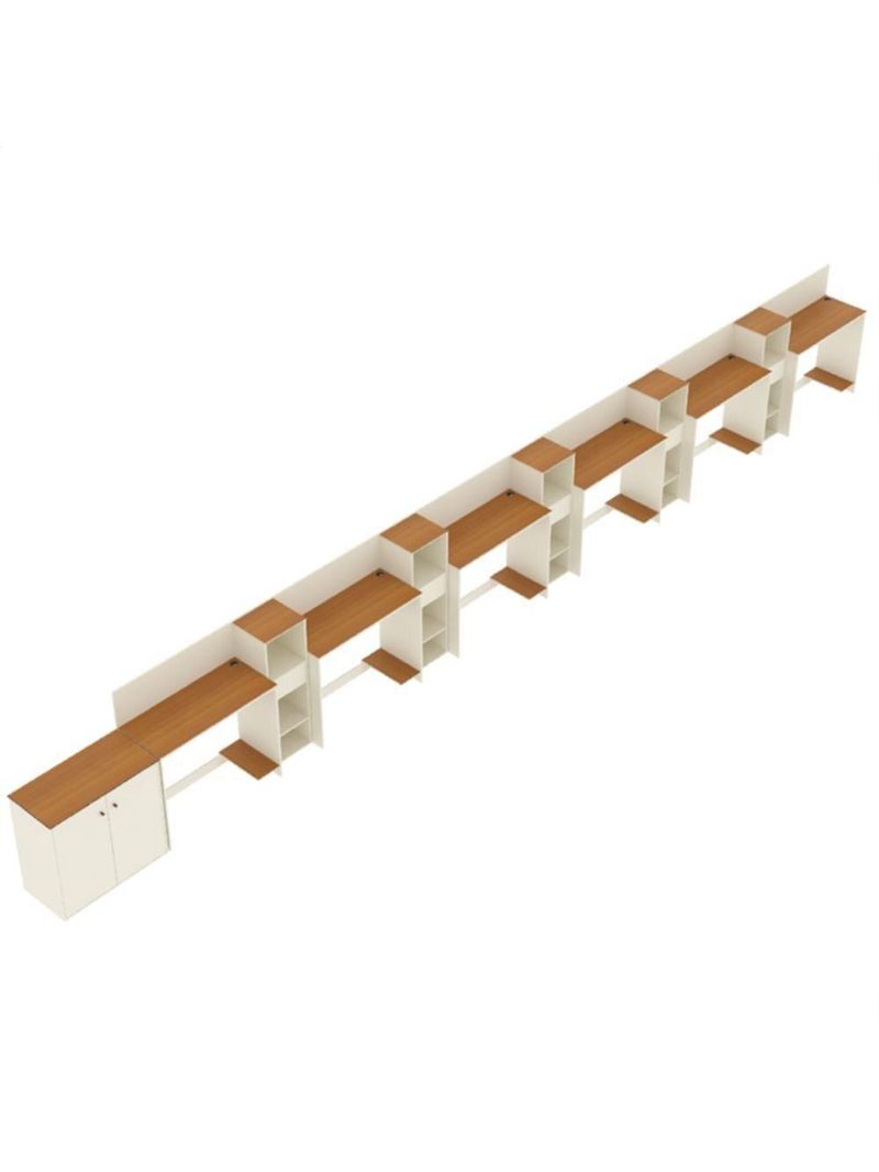 Conjunto De Escritório Tech 5 Livreiro 1 Buffet E 6 Mesas 90 - Off White E Cedro Off White E Cedro